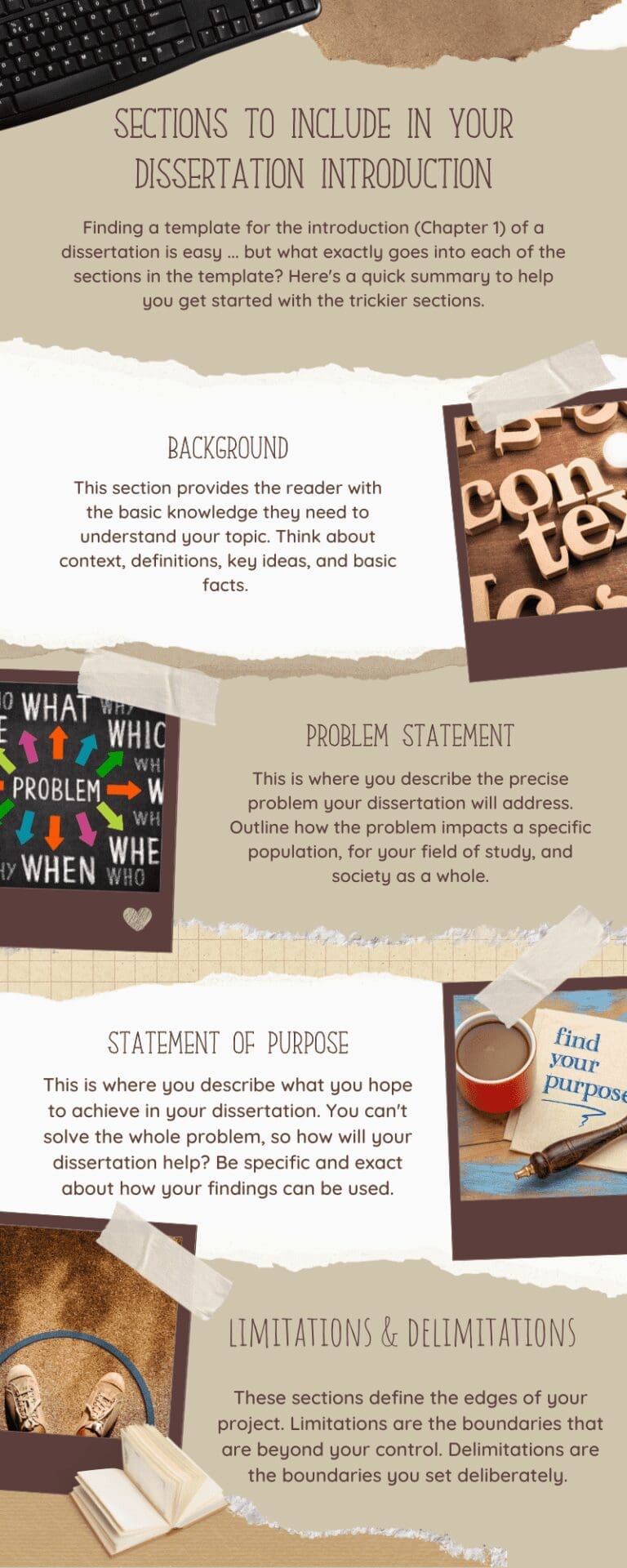 Sections to include in your dissertation introduction: background, problem statement, statement of purpose, limitations and delimitations.